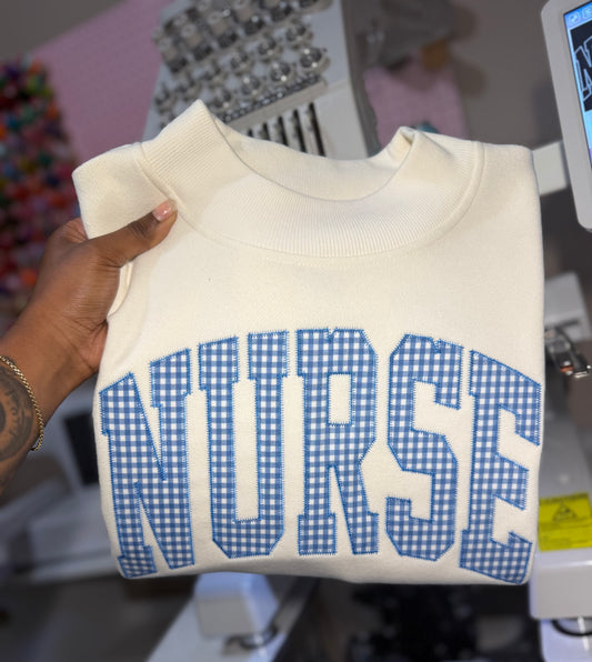 Gingham Nurse Appliqué Mock Neck Sweatshirt